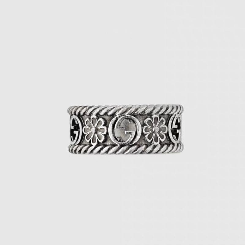 Double Gucci Aged Sterling Silver Interlocking Gucci Flower Ring