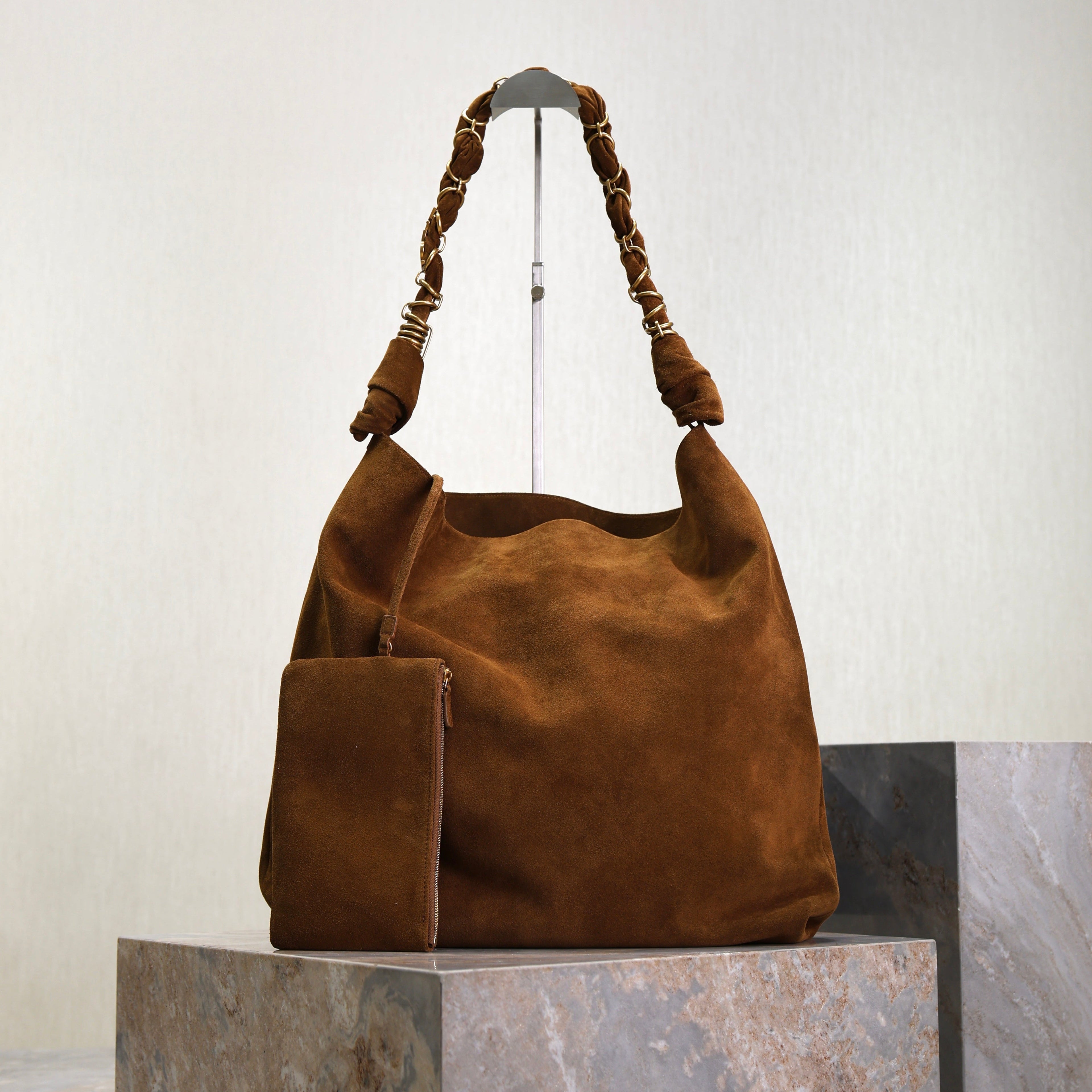 YSL 25S AMALIA 50 IN DARK CARAMEL SUEDE GOLD HARDWRE