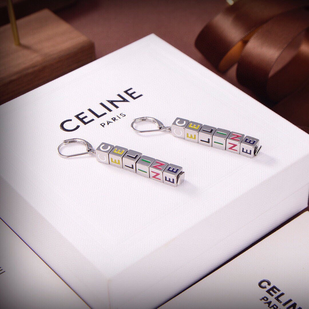 18K Celine Script Cube Earrings