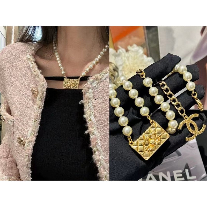 18K  Chanel Pearl Bag Pendant Necklace