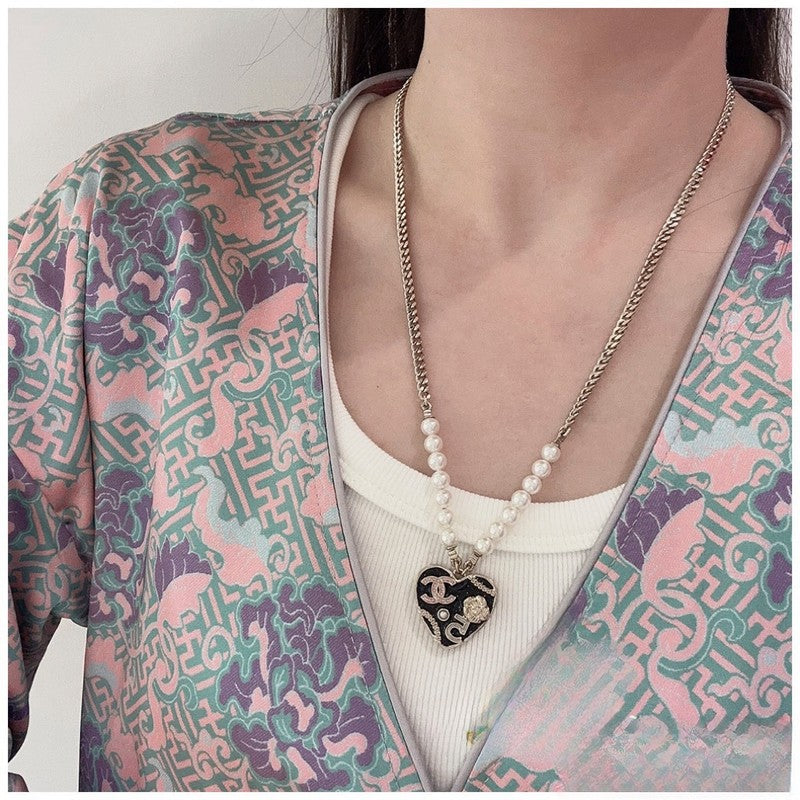 18K  Chanel Pink & Black Heart Pearl Necklace