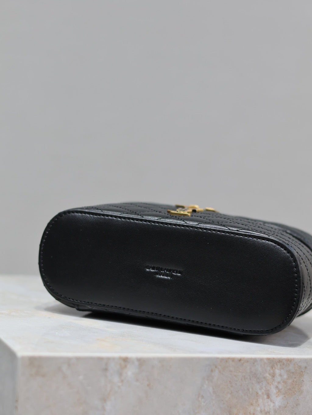 GABY MINI VANITY 18 IN BLACK QUILTED LAMBSKIN GOLD HARDWARE